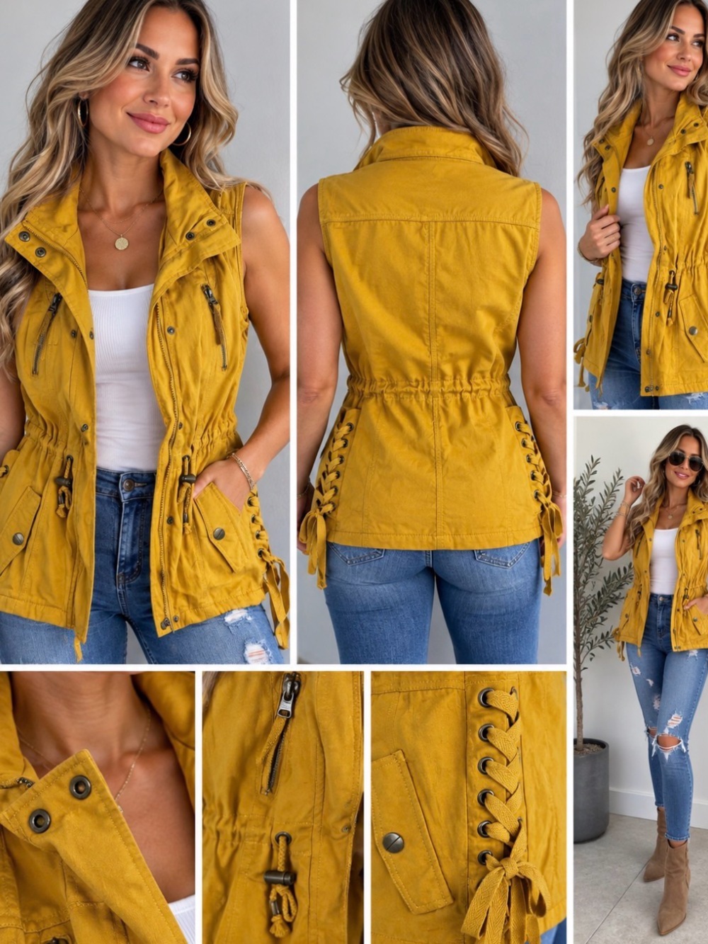 Ashley 26 International Mustard Yellow Utility Cargo Vest Lace Up Size S